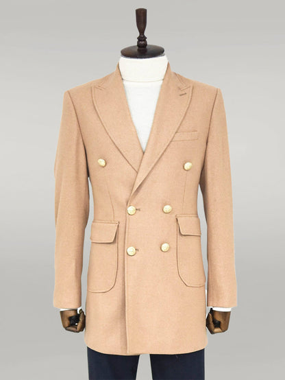 Metal Buttoned Double Breasted Cream Men Coat