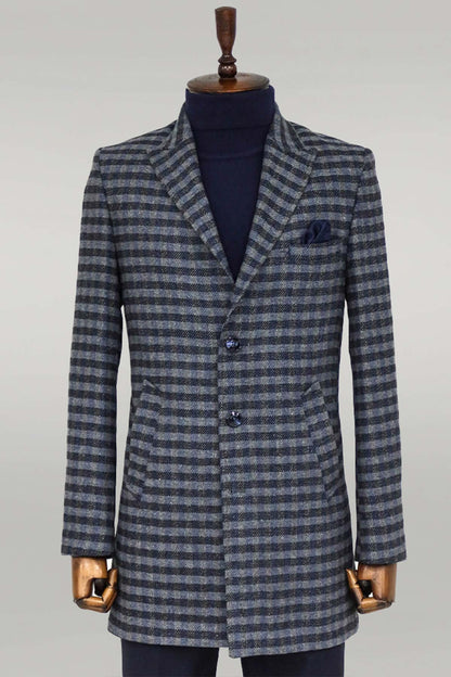 Cachet Plaid Wide Lapel Slim Fit Navy Blue Men Coat