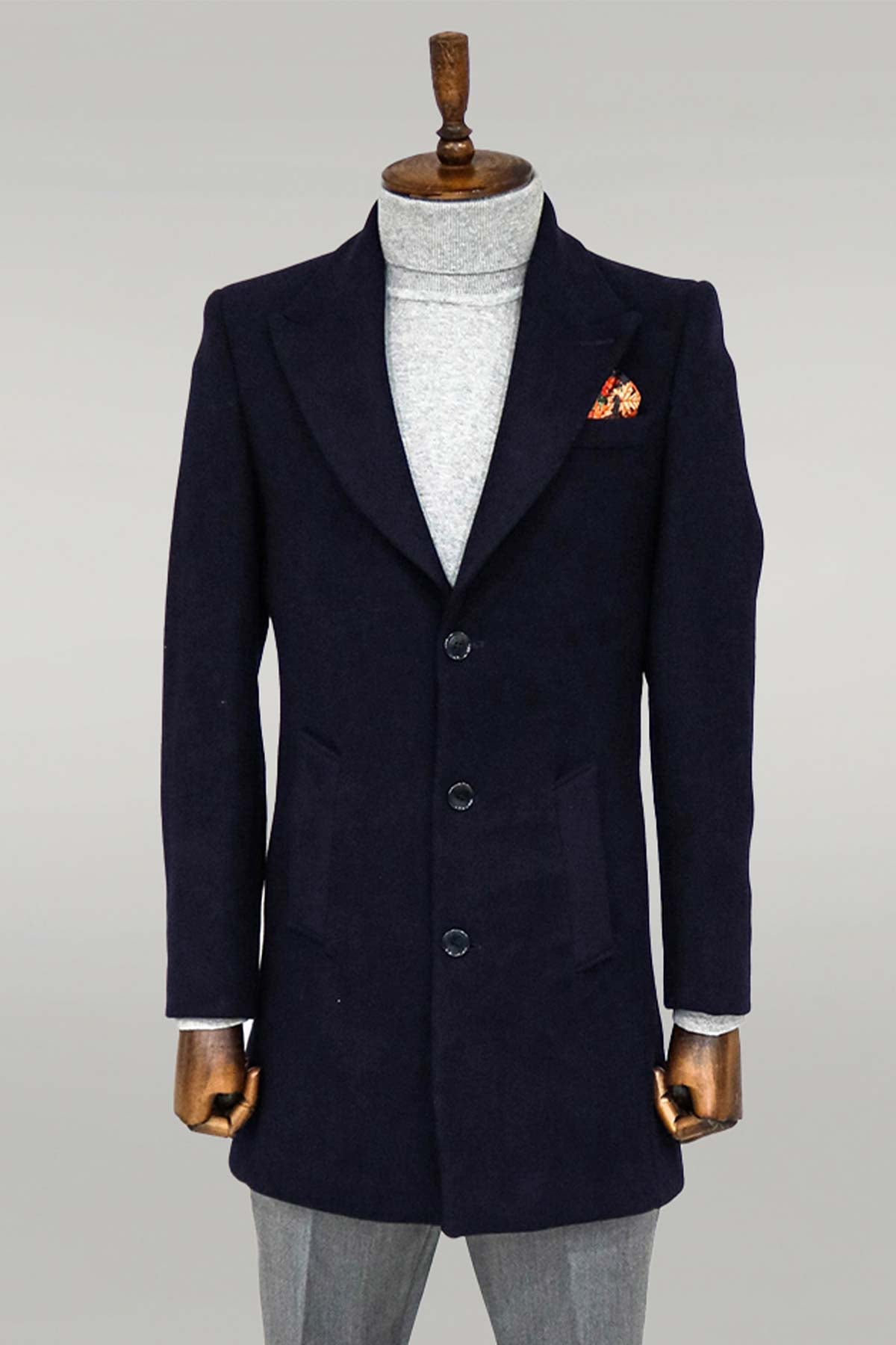 Wide Lapel Wool Navy Blue Men Coat