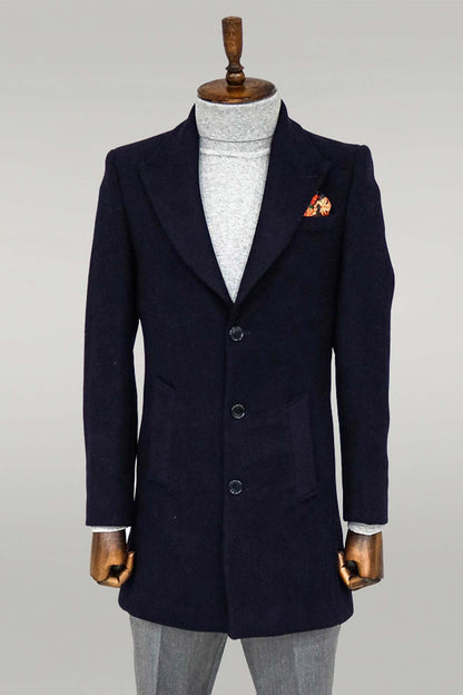 Wide Lapel Wool Navy Blue Men Coat