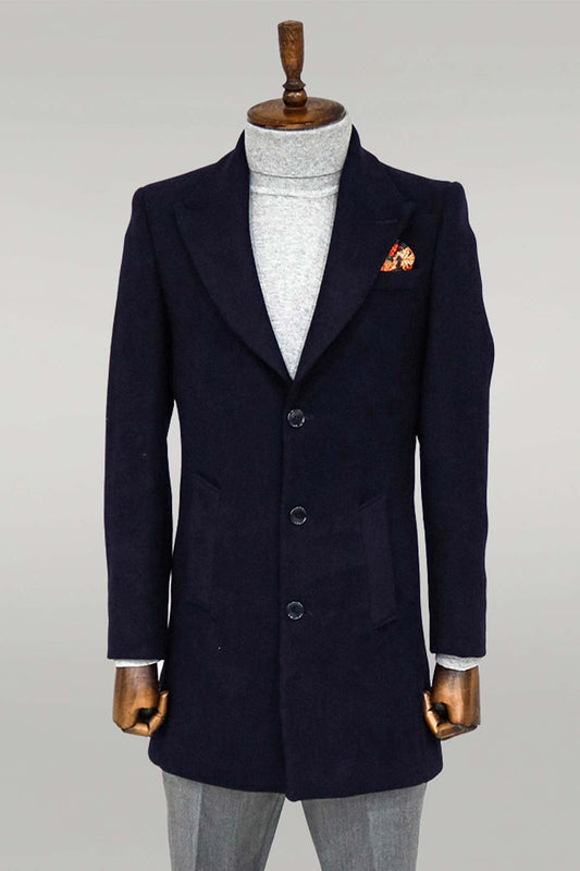 Wide Lapel Wool Navy Blue Men Coat