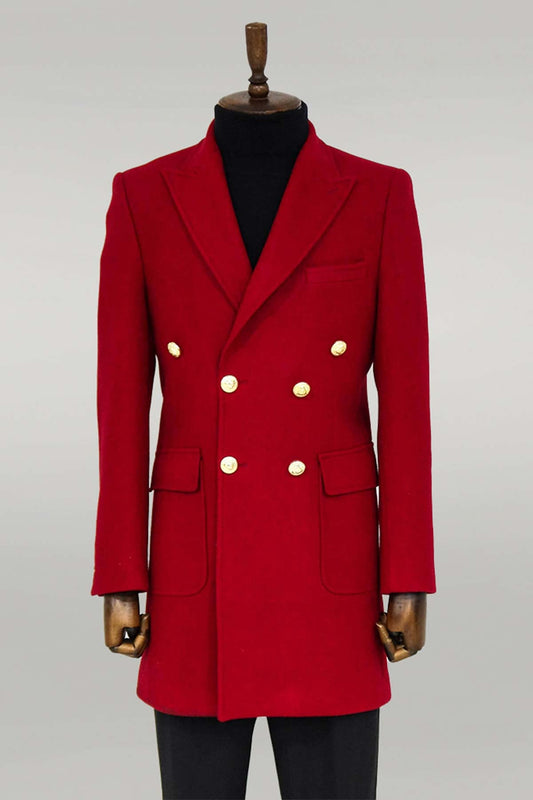 Metal Buttoned Double Breasted Burgundy Men Coat