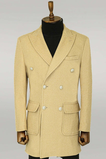 Metal Buttons Wool Cashmere Beige Men Double Breasted Coat