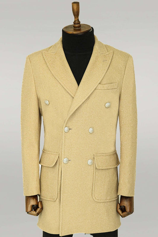 Metal Buttons Wool Cashmere Beige Men Double Breasted Coat