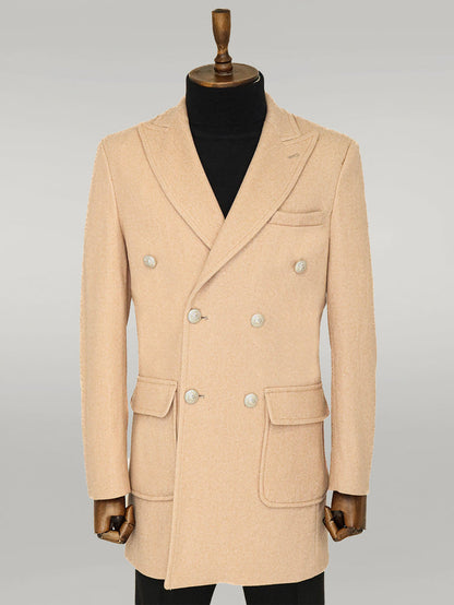 Metal Buttons Wool Cashmere Cream Men Double Breasted Coat