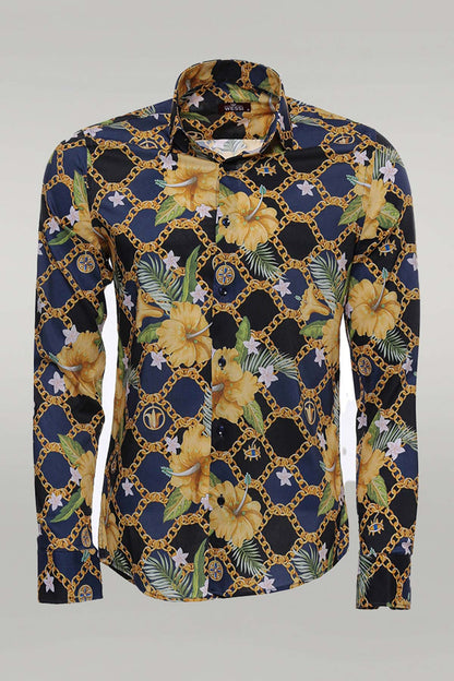 KOALA SYDNEY  Colorful Floral Patterned Slim Fit Long Sleeves Navy Blue Men Shirt -