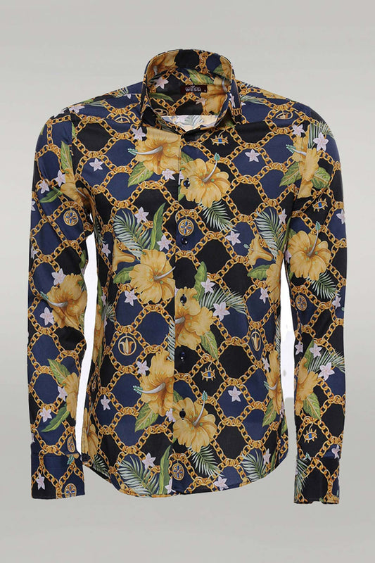 KOALA SYDNEY  Colorful Floral Patterned Slim Fit Long Sleeves Navy Blue Men Shirt -