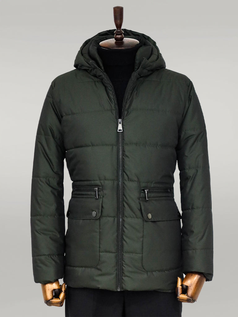 Slim Fit Hooded Green Men Coat