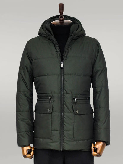 Slim Fit Hooded Green Men Coat
