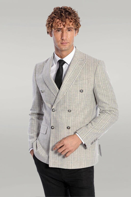 Wide Lapel Striped Double Breasted Grey Men Blazer - Wessi