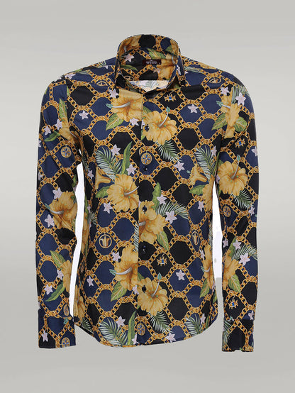 KOALA SYDNEY  Colorful Floral Patterned Slim Fit Long Sleeves Navy Blue Men Shirt -