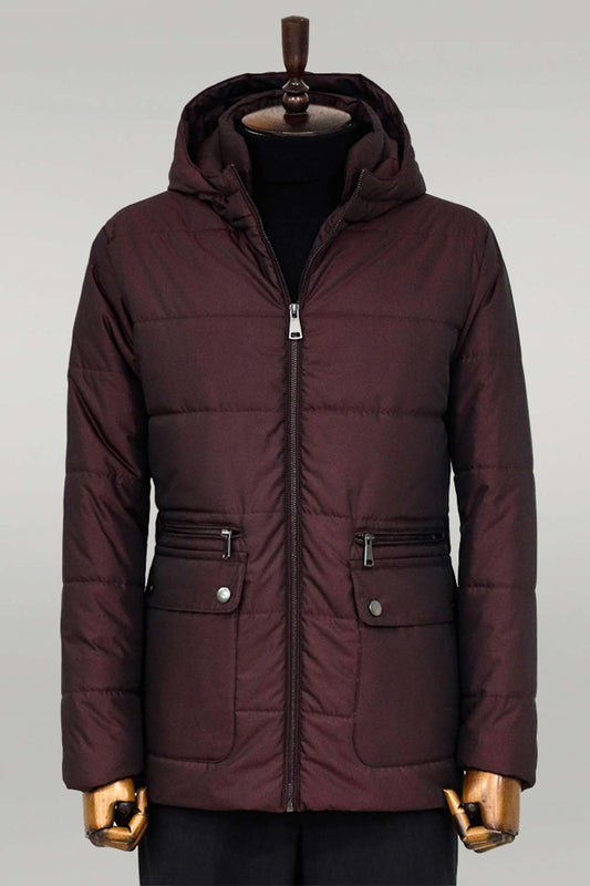 Slim Fit Hooded Burgundy Men Coat