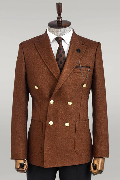 Double Breasted Slim Fit Brown Men Blazer