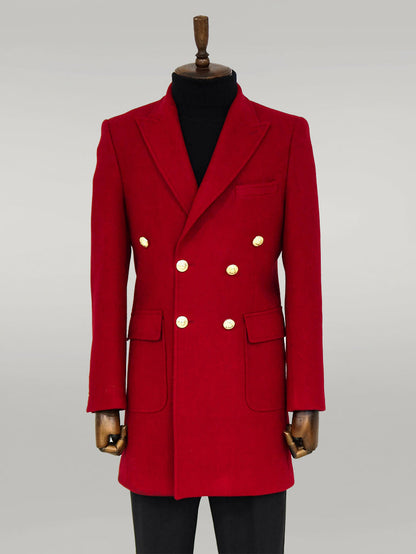 Metal Buttoned Double Breasted Burgundy Men Coat