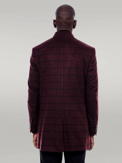 Mandarin Collar Burgundy Checked Coat