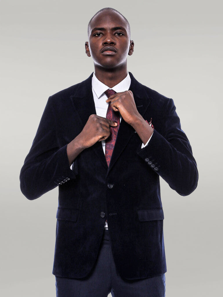 Wide Peak Lapel Velvet Navy Blue Men Blazer