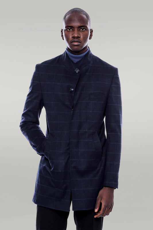 Mandarin Collar Navy Checked Coat