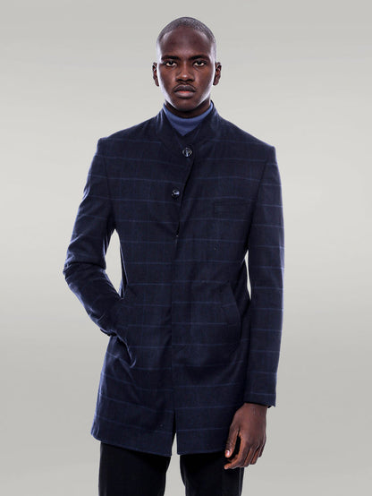 Mandarin Collar Navy Checked Coat