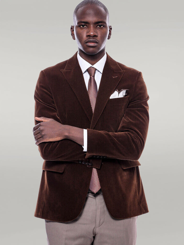 Wide Peak Lapel Velvet Brown Men Blazer -