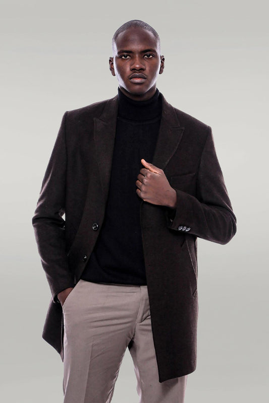 Wide Pointed Collar Over Knee Brown Men Coat