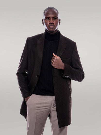 Wide Pointed Collar Over Knee Brown Men Coat