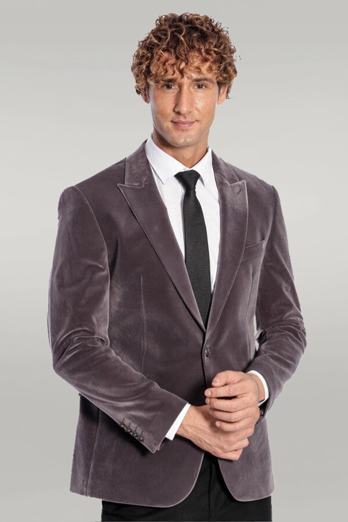 KOALA SYDNEY  Wide Peak Lapel Single Button Velvet Grey Men Blazer -