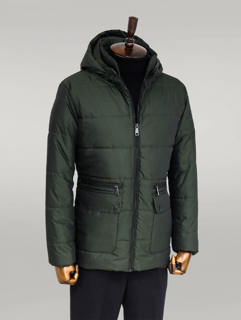 Slim Fit Hooded Green Men Coat