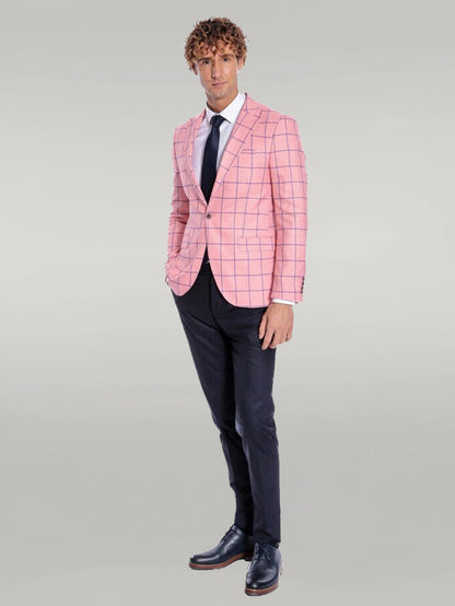 KOALA SYDNEY Blue Plaid Patterned Slim Fit Pink Men Blazer