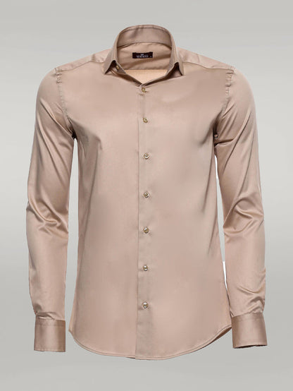 KOALA SYDNEY  Cotton Satin Plain Long Sleeves Slim Fit Beige Men Shirt -
