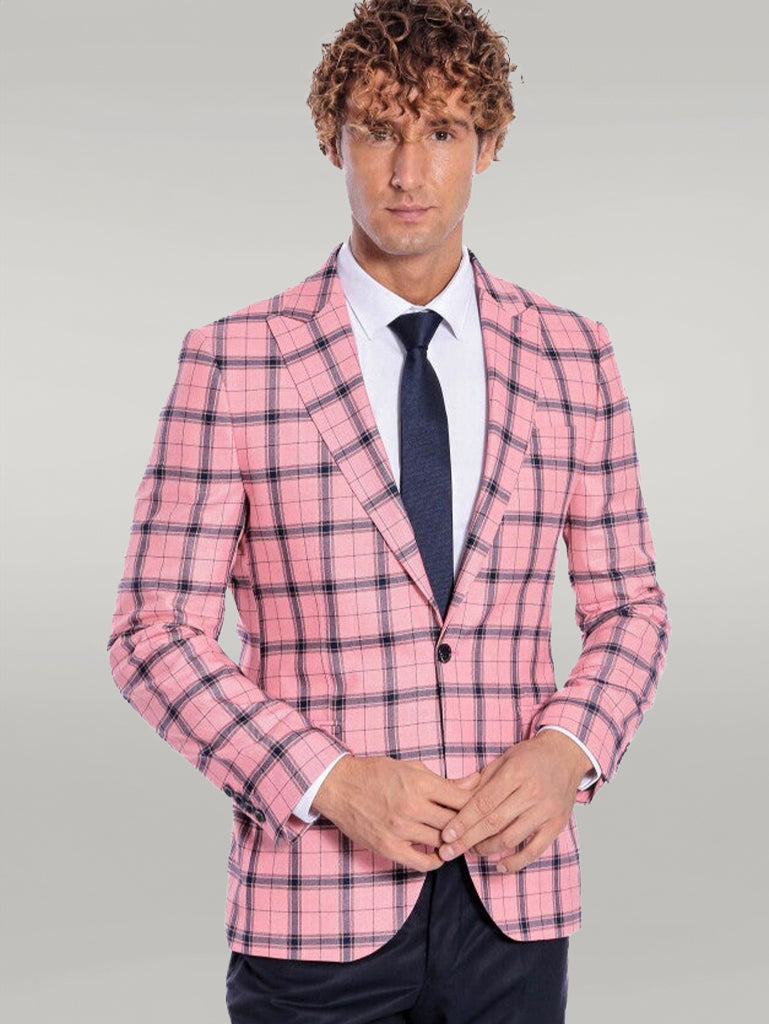 Plaid Slim Fit Pink Men Blazer
