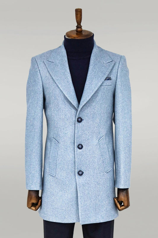 Wide Lapel Wool Light Blue Men Coat