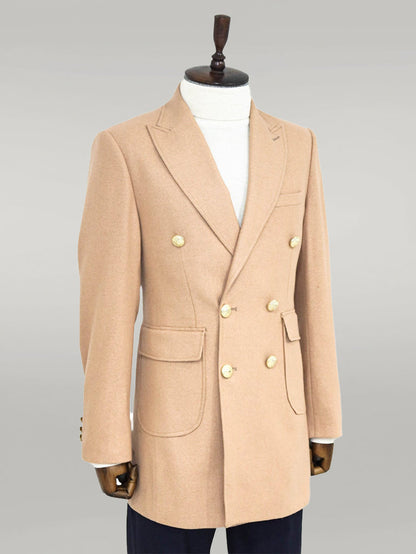 Metal Buttoned Double Breasted Cream Men Coat