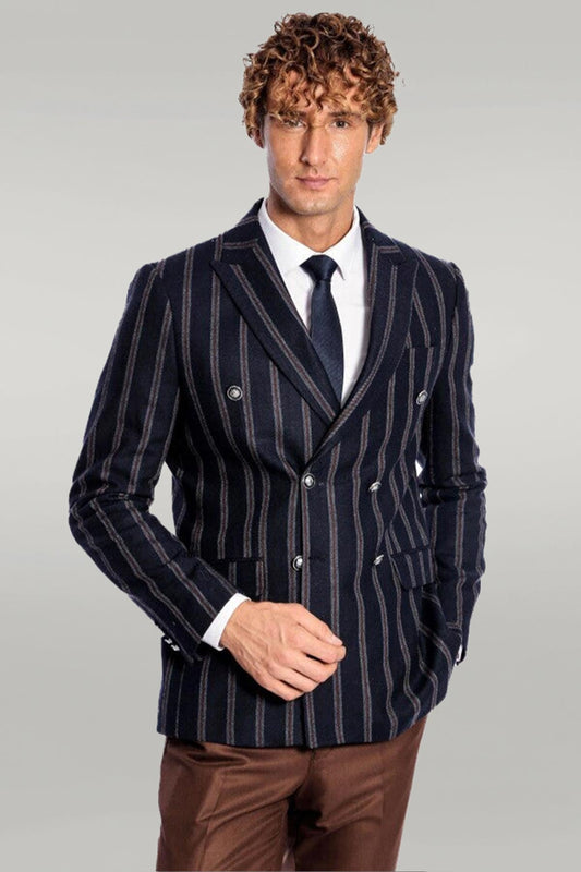 KOALA SYDNEY  Wide Lapel Striped Double Breasted Navy Blue Men Blazer -