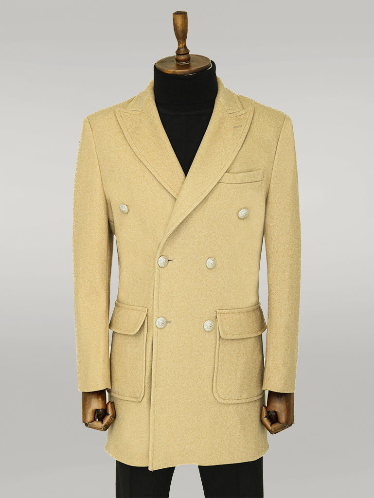 Metal Buttons Wool Cashmere Beige Men Double Breasted Coat