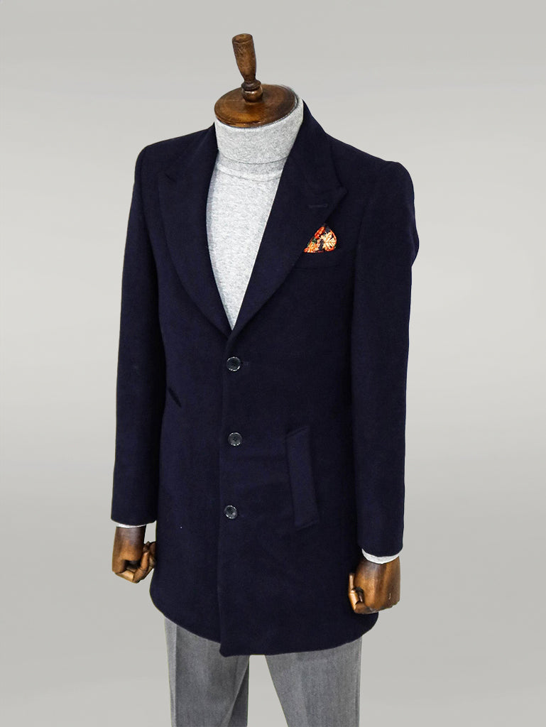 Wide Lapel Wool Navy Blue Men Coat