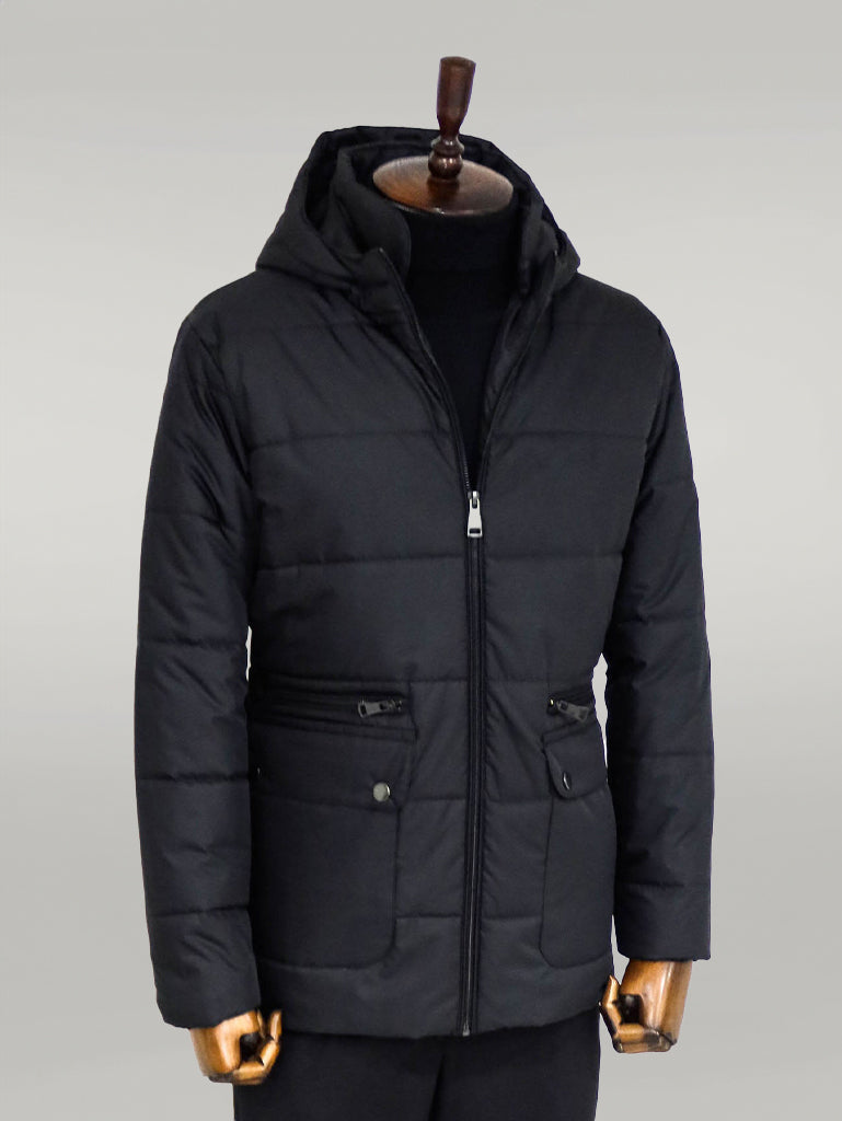 Slim Fit Hooded Black Men Coat