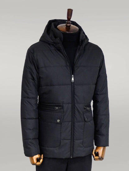 Slim Fit Hooded Black Men Coat