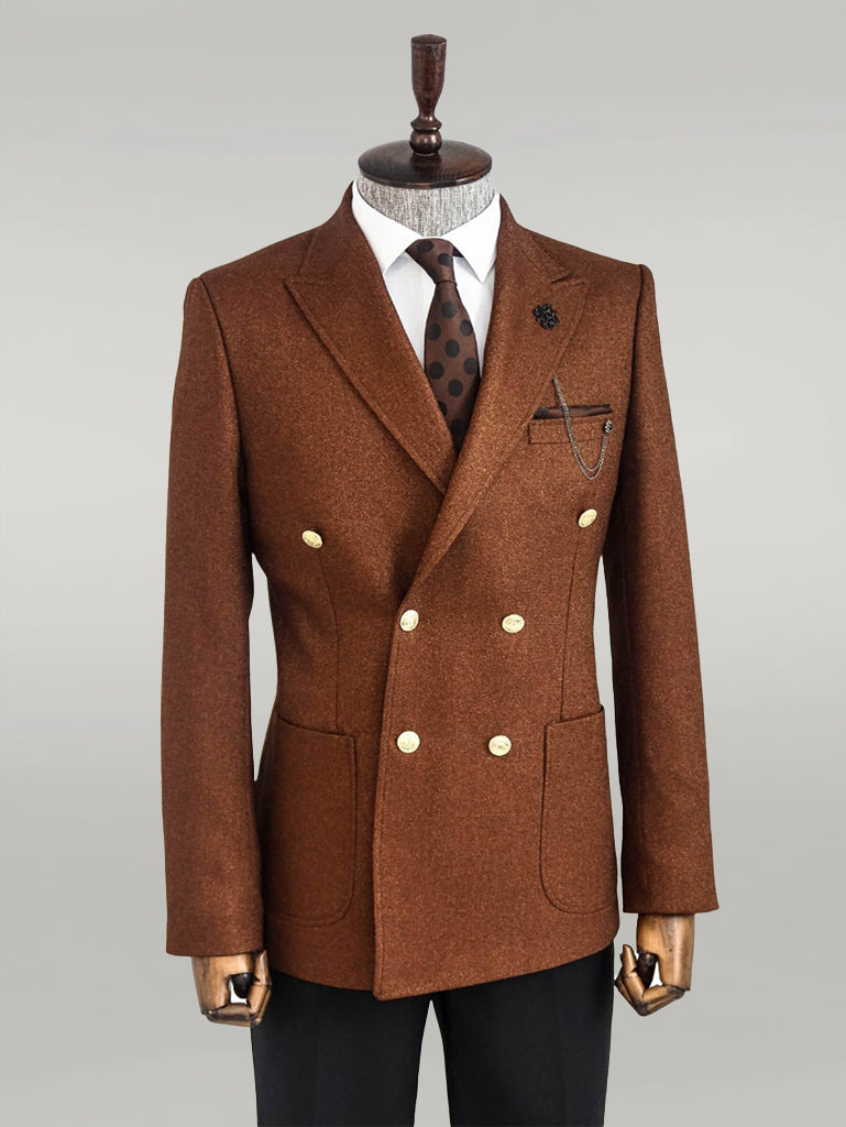 Double Breasted Slim Fit Brown Men Blazer