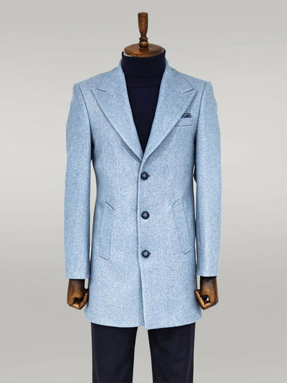 Wide Lapel Wool Light Blue Men Coat