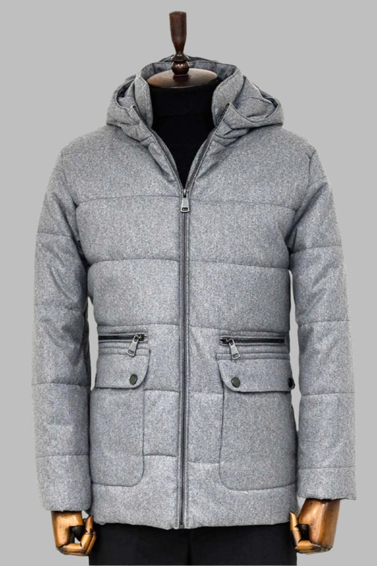 Slim Fit Hooded Grey Men Coat