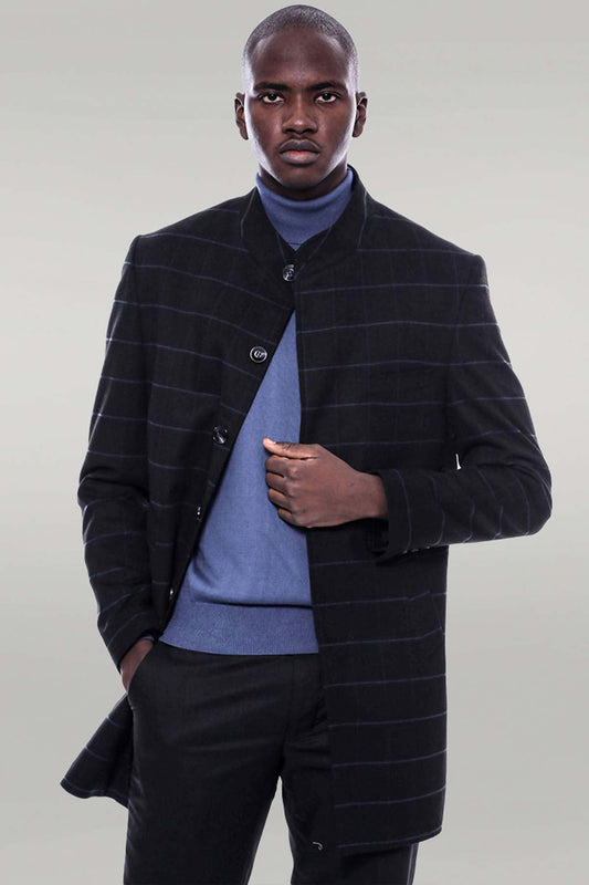 Mandarin Collar Black Checked Coat