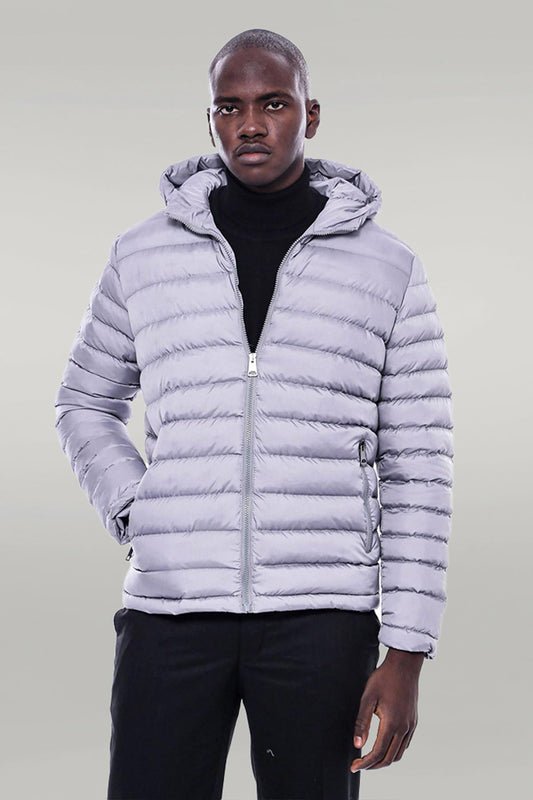 Hooded Quilted Grey Men Coat