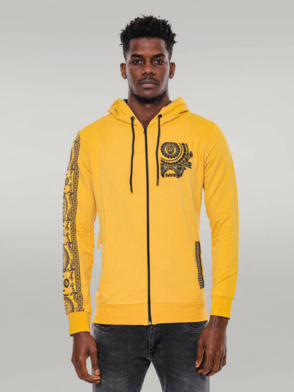 Patterned Hooded Zippered Yellow Sweatshirt - Wessi