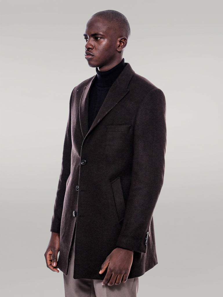 Wide Pointed Collar Over Knee Brown Men Coat