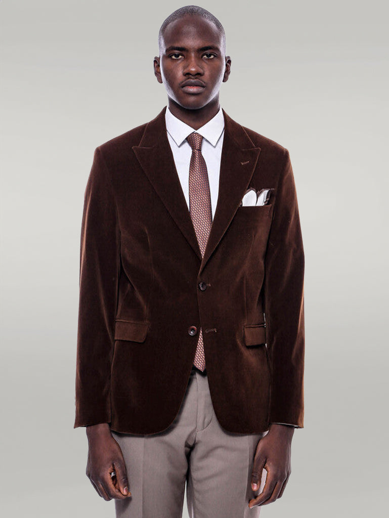 Wide Peak Lapel Velvet Brown Men Blazer -