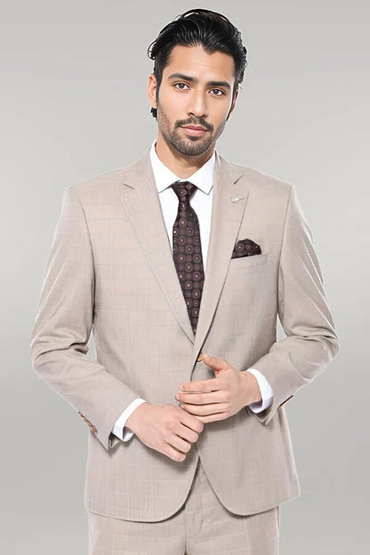 KOALA SYDNEY  4 Drop Checked Regular Fit Beige Suit -