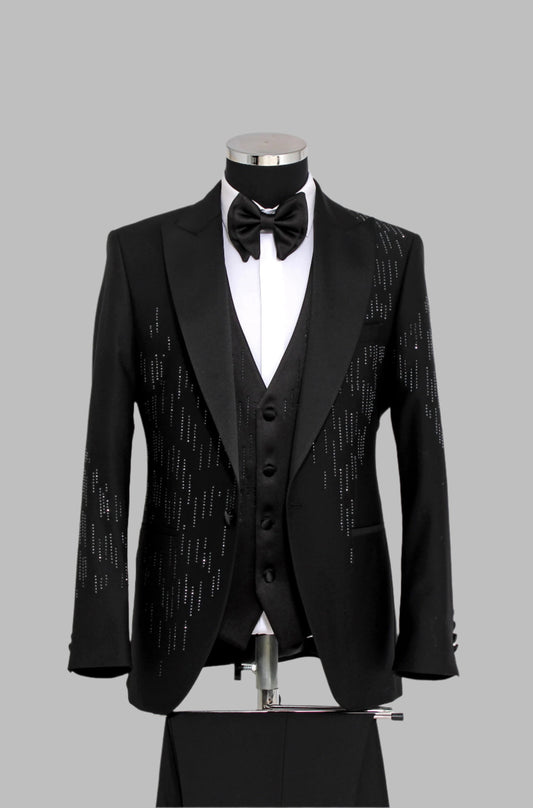 KOALA SYDNEY  3 Piece Satin Shawl Lapel Rhinestone Detailed Black Men Tuxedo