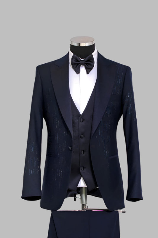 KOALA SYDNEY  3 Piece Satin Shawl Lapel Rhinestone Detailed Navy Blue Men Tuxedo