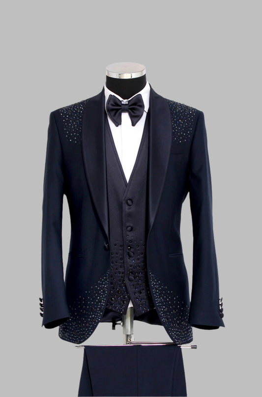 KOALA SYDNEY  3 Piece Navy Blue Tuxedo with Satin Lapel and Rhinestone Embellishments – Wessi