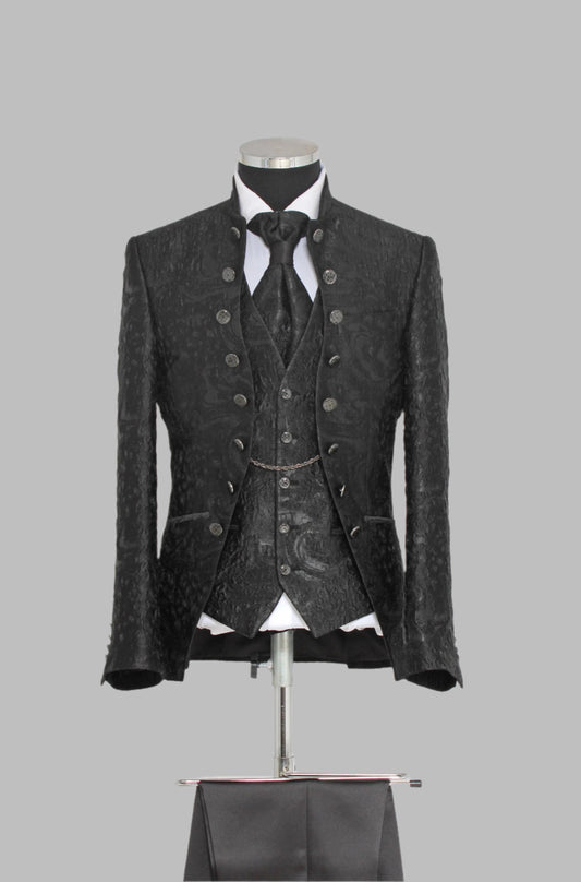 KOALA SYDNEY  3 Piece Textured Jacquard Mandarin Collar Black Men Tuxedo – Wessi